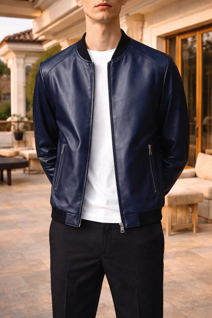 Viktor | Men's Leather Bomber Jacket with Knitted Finish and Zip