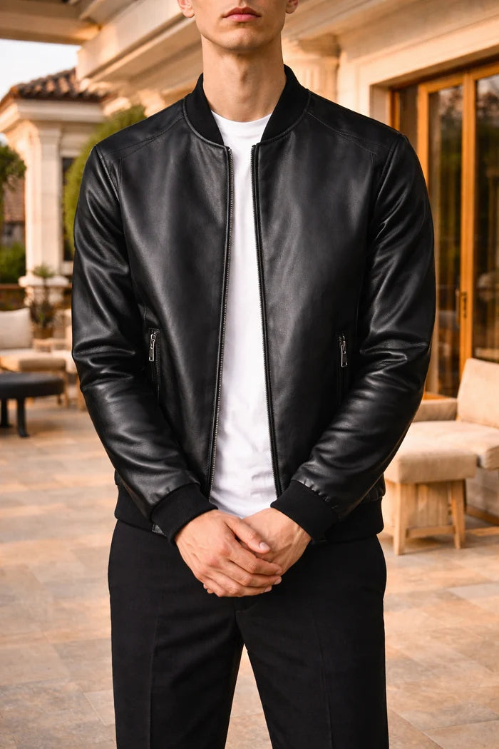 Viktor | Men's Leather Bomber Jacket with Knitted Finish and Zip