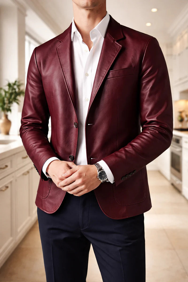 Men's Leather Blazer, Smart Casual Single-Breasted Jacket