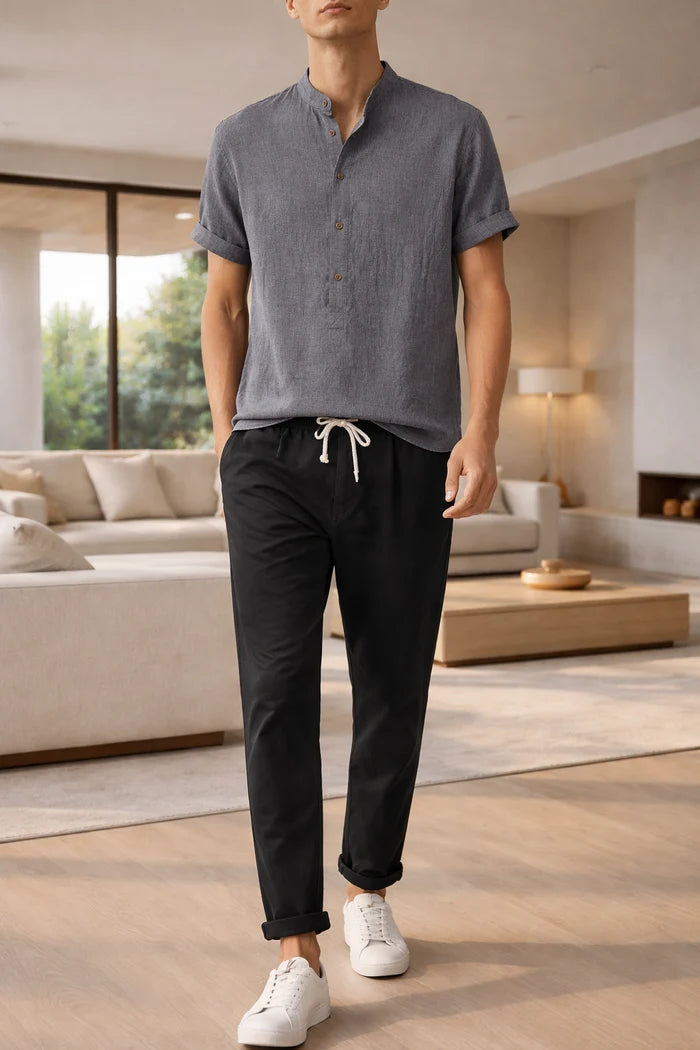 Conjunto De Algodón Y Lino Para Hombre Con Cuello De Pie Ropa De Verano