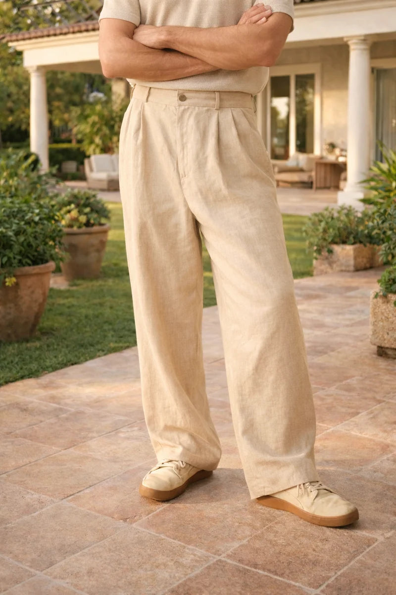 CALÇAS LARGAS DE LINHO PARA HOMEM - ESTILO VERÃO DESCONTRAÍDO COM PREGAS