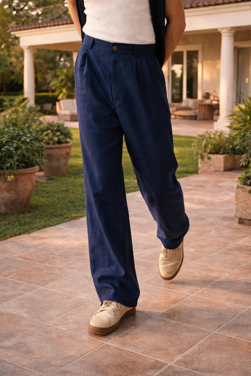 CALÇAS LARGAS DE LINHO PARA HOMEM - ESTILO VERÃO DESCONTRAÍDO COM PREGAS