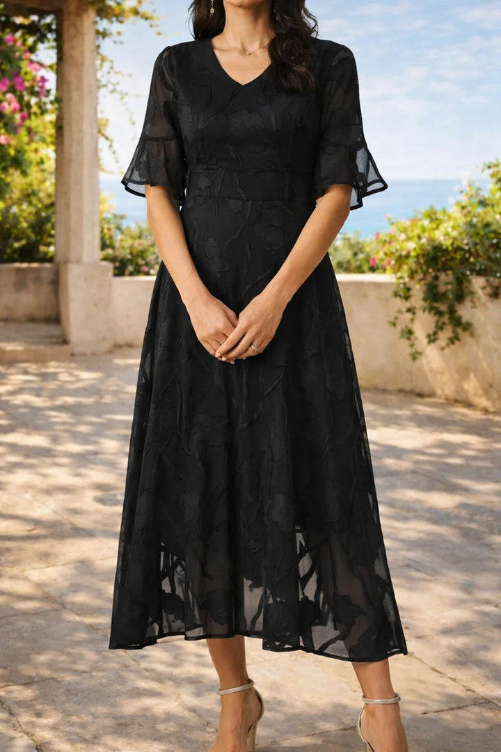 Vestido Midi Con Sobreposición Transparente Y Mangas Fluidas
