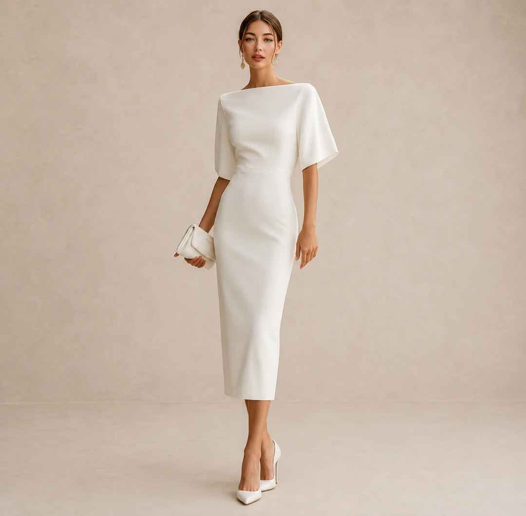 Valquiria | Vestido Midi Elegante Com Decote Barco E Manga Curta Estruturada