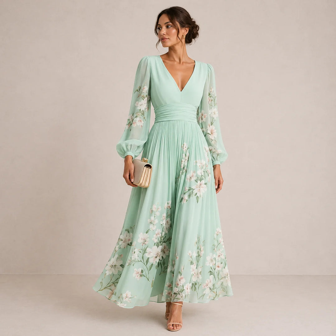 Verónica | Vestido Maxi Floral Verde-Sálvia Com Decote Em V E Manga Comprida Semitransparente