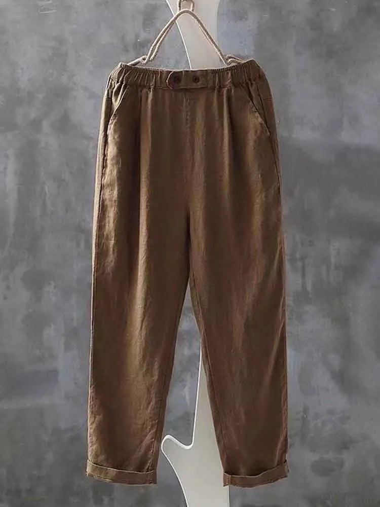 Pantalones Casuales Sencillos De Lino Con Cintura Elástica Para Mujer