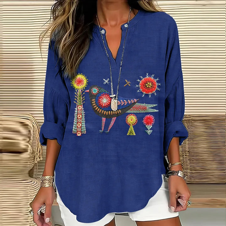 T-shirt com Decote em V e Bordado Floral e Pássaros
