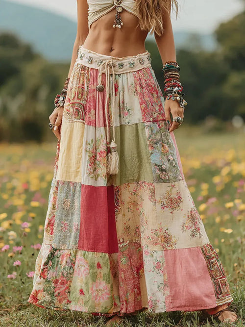 - FALDA LINO FLUIDA PATCHWORK FLORAL BOHO