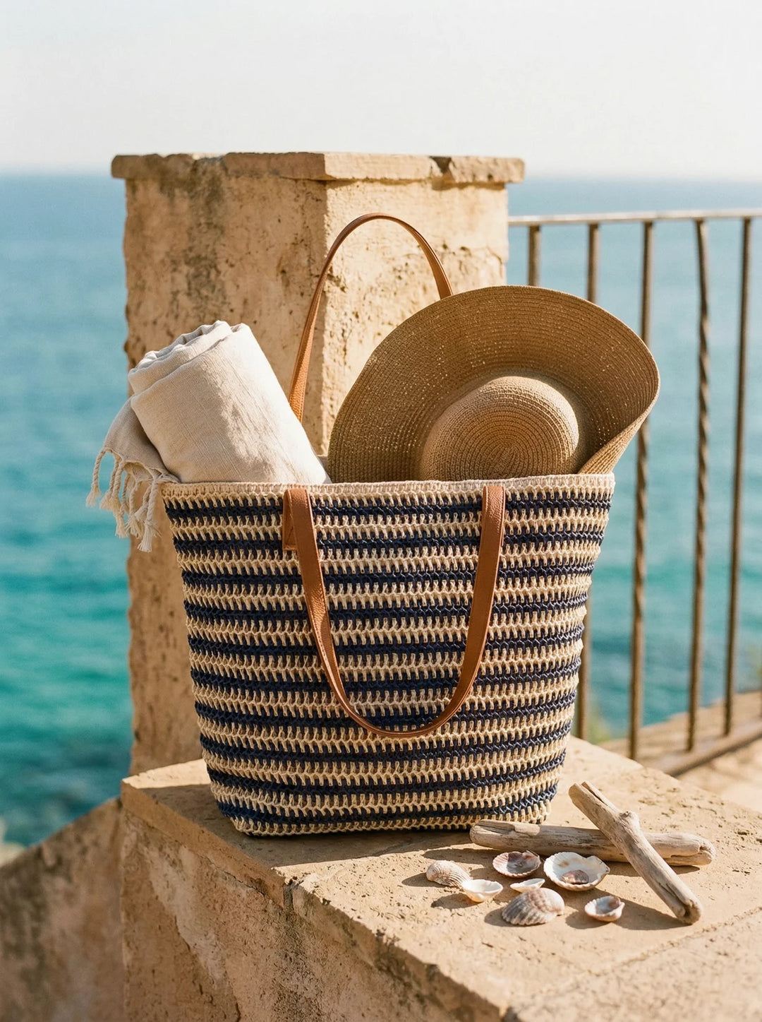 Bolso Tote Grande Artesanal Tejido A Mano Con Rayas Para Vacaciones De Verano