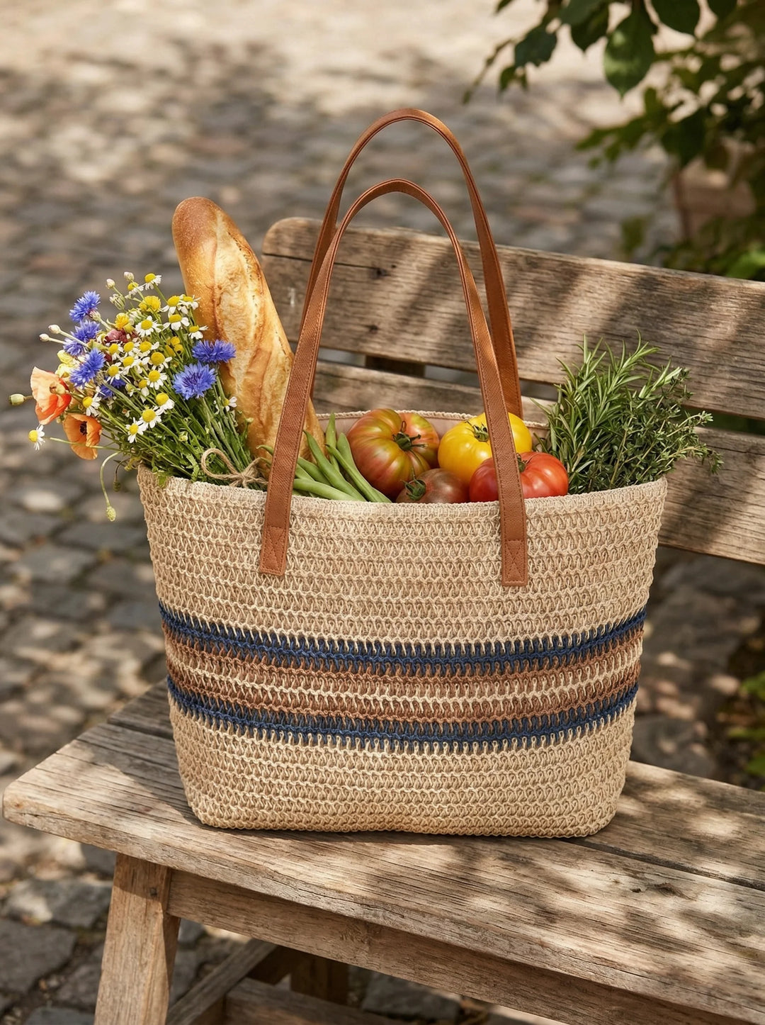 Bolso Tote Grande Artesanal Tejido A Mano Con Rayas Para Vacaciones De Verano