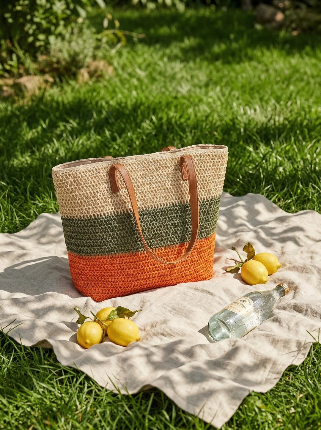 Bolso Tote Grande Artesanal Tejido A Mano Con Rayas Para Vacaciones De Verano
