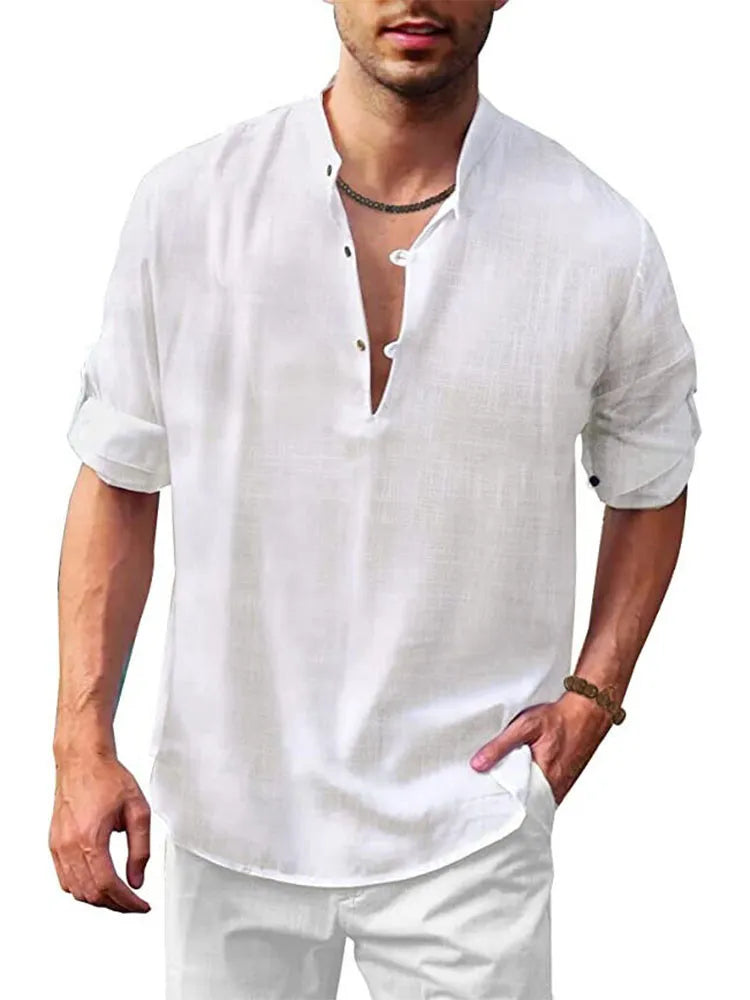 Camisa hippie casual de algodón y lino de manga larga