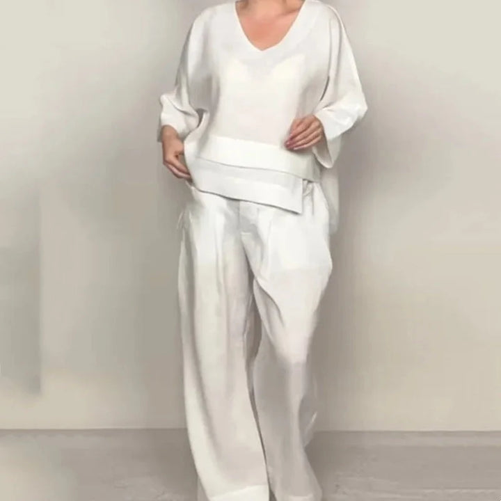 CONJUNTO DE PANTALON DE PIERNA ANCHA RELAJADO MUJER - ROPA CASUAL ELEGANTE CON ESCOTE EN V SOLAPADO