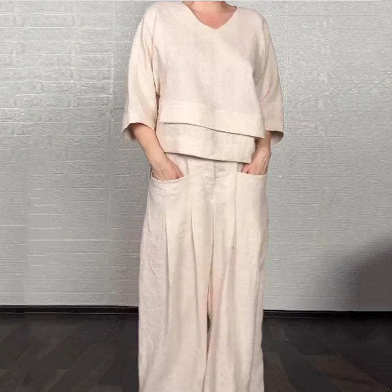 CONJUNTO DE PANTALON DE PIERNA ANCHA RELAJADO MUJER - ROPA CASUAL ELEGANTE CON ESCOTE EN V SOLAPADO