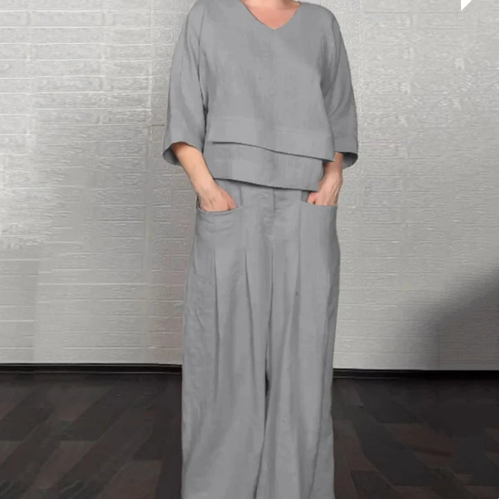 CONJUNTO DE PANTALON DE PIERNA ANCHA RELAJADO MUJER - ROPA CASUAL ELEGANTE CON ESCOTE EN V SOLAPADO