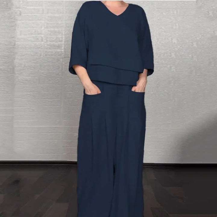 CONJUNTO DE PANTALON DE PIERNA ANCHA RELAJADO MUJER - ROPA CASUAL ELEGANTE CON ESCOTE EN V SOLAPADO