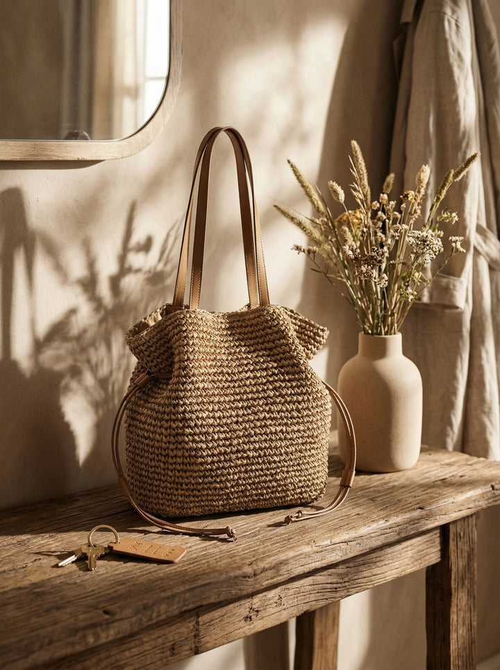 Bolso Cubo Artesanal De Paja Tejido A Mano