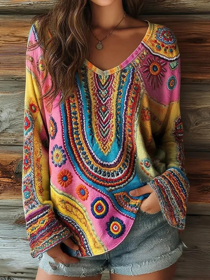Top De Manga Larga Con Cuello En V Y Estampado Floral Para Mujer