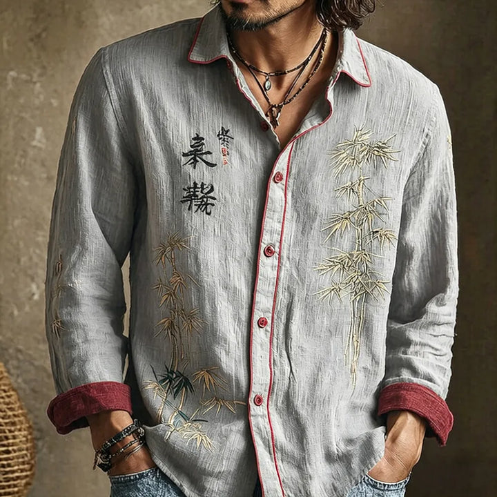 Camisa Casual Retrô Japonesa com Estampa de Bambu e Caligrafia para Homem