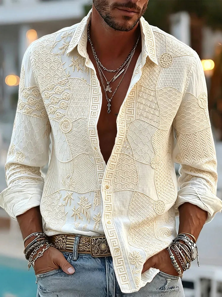 Camisa de lino acogedora con arte sashiko japonés vintage