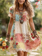 Vestido Casual Bohemio con Patchwork Floral y Cuello Redondo