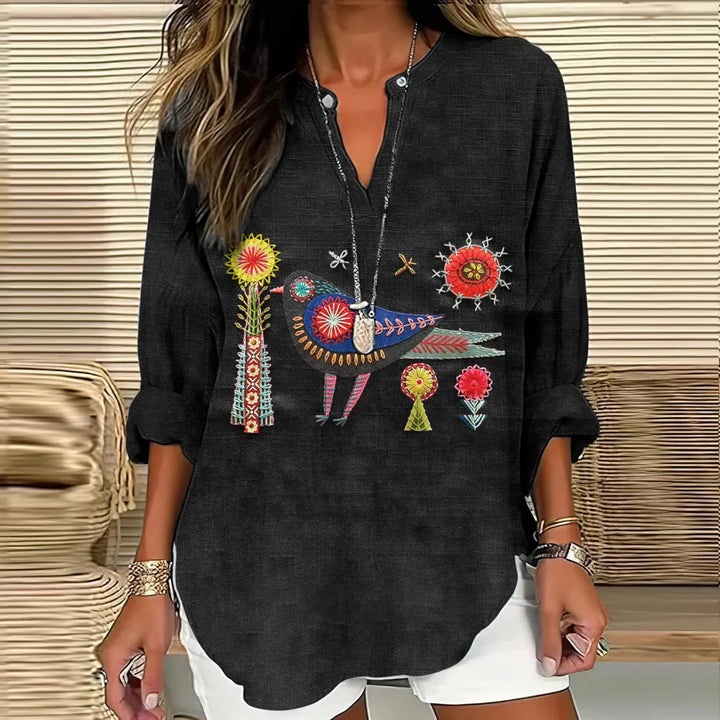 T-shirt com Decote em V e Bordado Floral e Pássaros