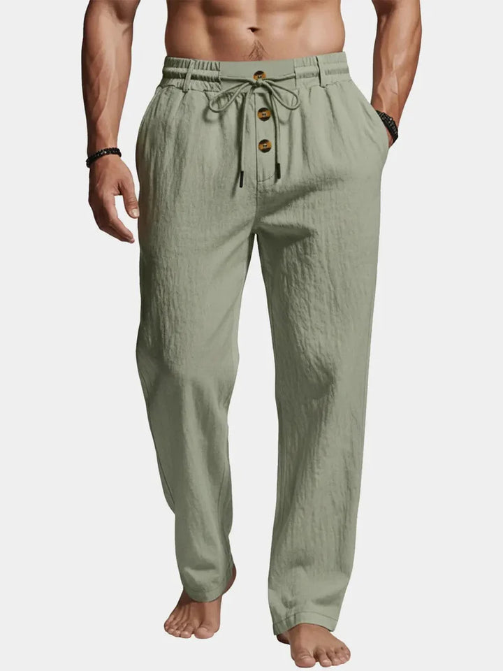 Pantalones De Lino Para Hombre Con Detalle De Botón Y Pierna Recta