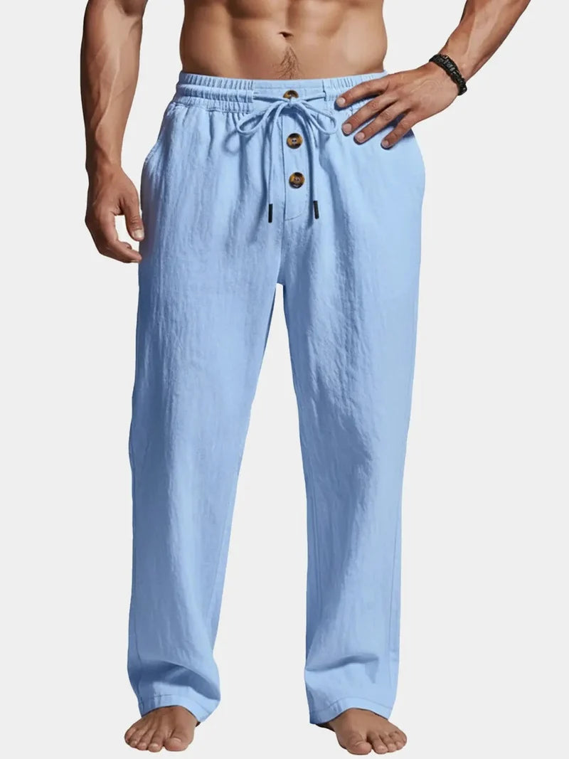 Pantalones De Lino Para Hombre Con Detalle De Botón Y Pierna Recta