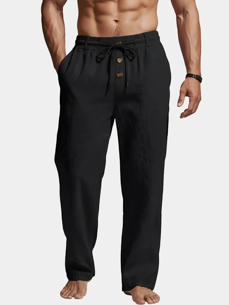 Pantalones De Lino Para Hombre Con Detalle De Botón Y Pierna Recta