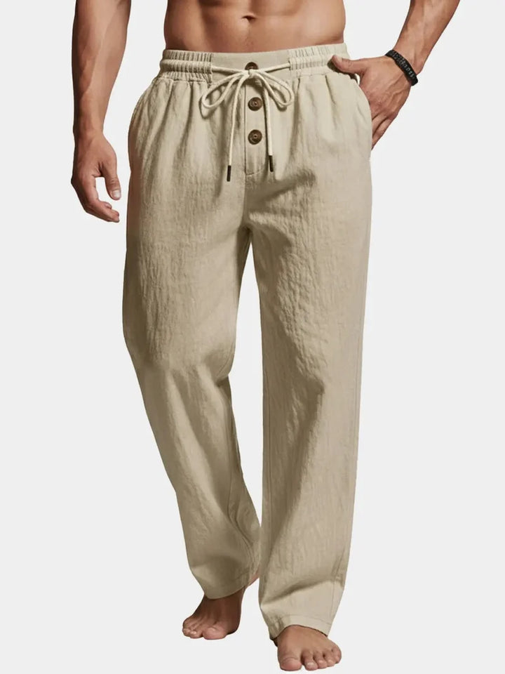 Pantalones De Lino Para Hombre Con Detalle De Botón Y Pierna Recta