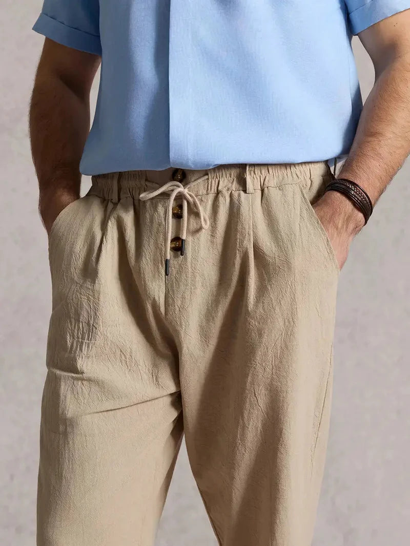 Pantalones De Lino Para Hombre Con Detalle De Botón Y Pierna Recta
