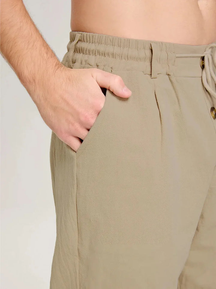 Pantalones De Lino Para Hombre Con Detalle De Botón Y Pierna Recta