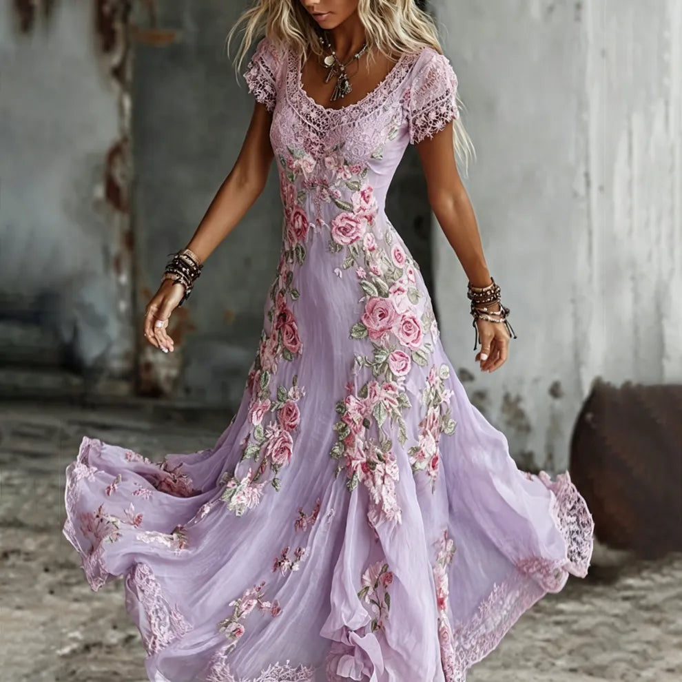 Vestido Largo Fluido De Mujer Con Bordado Floral De Rosas Estilo Bohemio