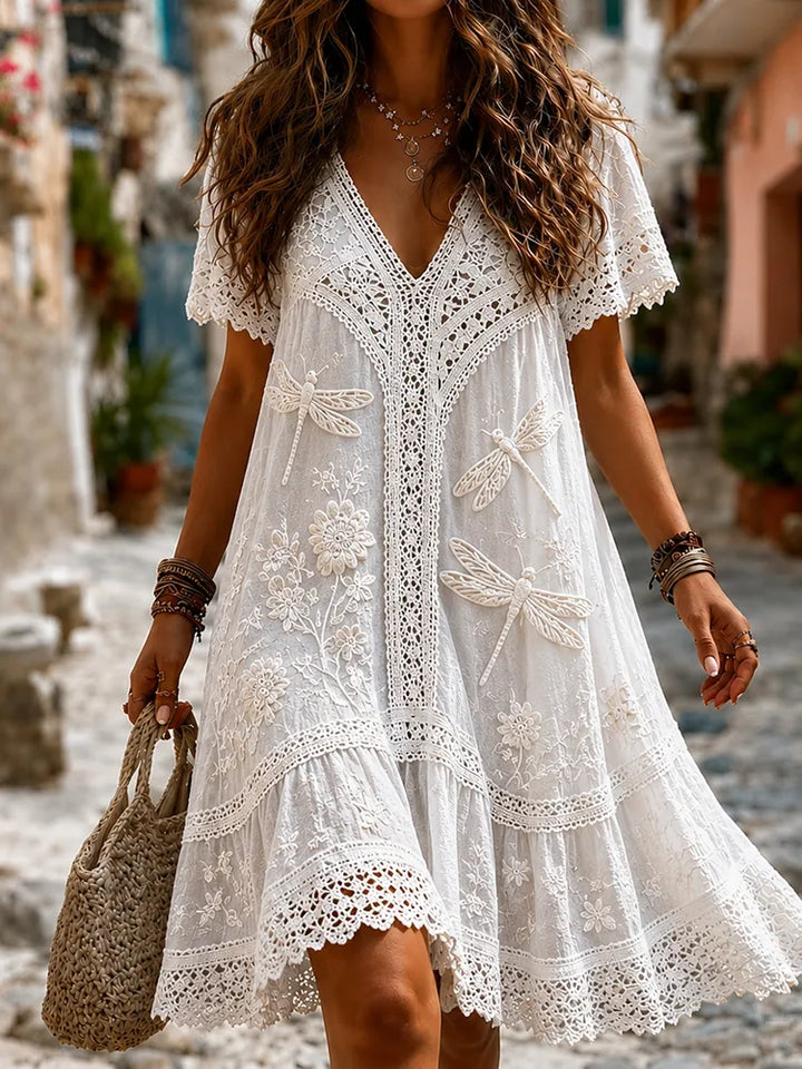 Vestido Maxi Hippie Retro Com Bordado Floral E Libelinhas