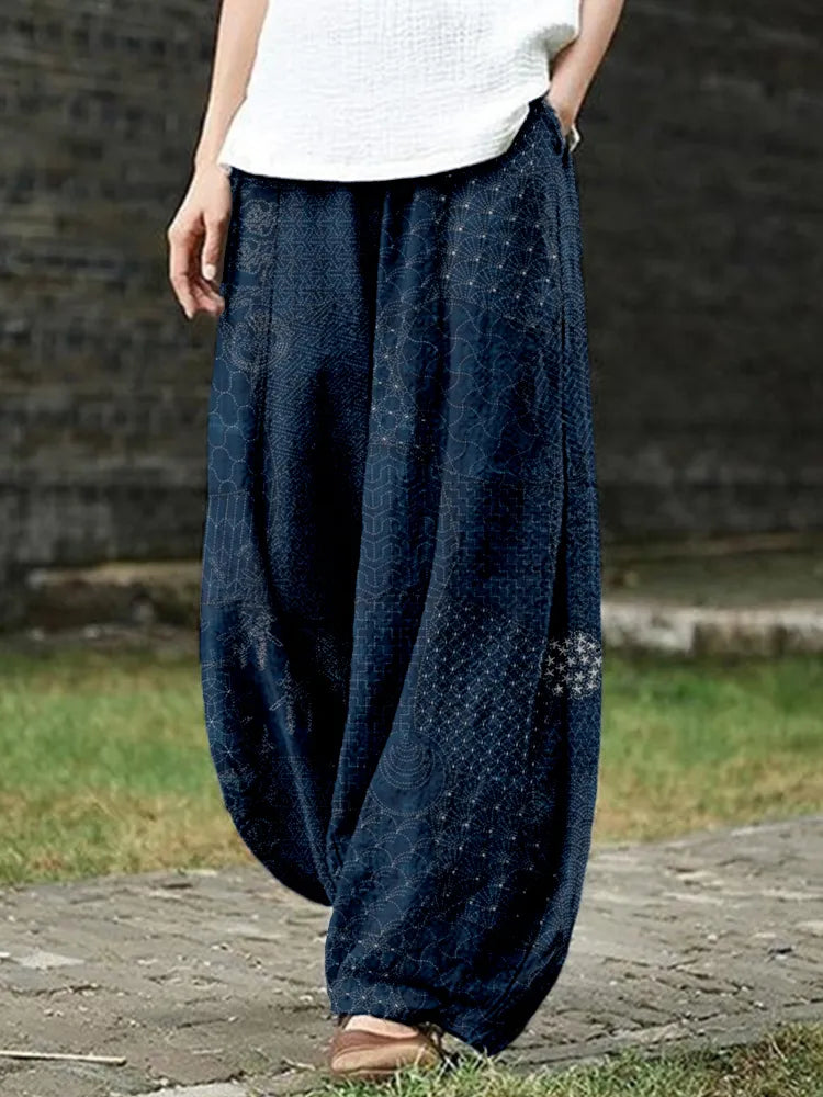 PANTALONES CASUALES DE MEZCLA DE LINO CON ARTE TRADICIONAL JAPONÉS SASHIKO