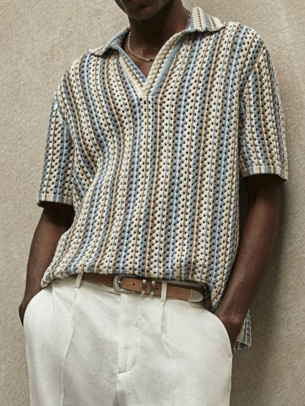 Polo Masculino De Punto Texturizado A Rayas - Camisa De Verano Relajada