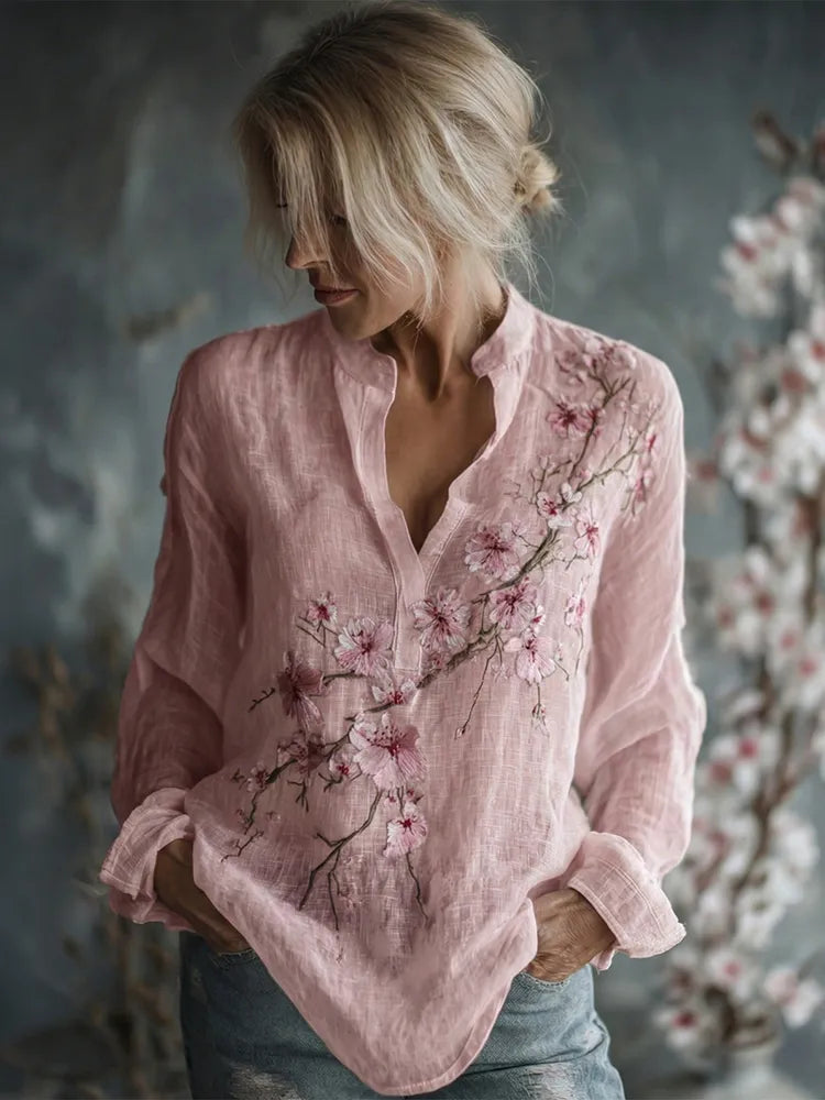 Camisa De Lino De Manga Larga Con Bordado Floral Vintage Para Mujer