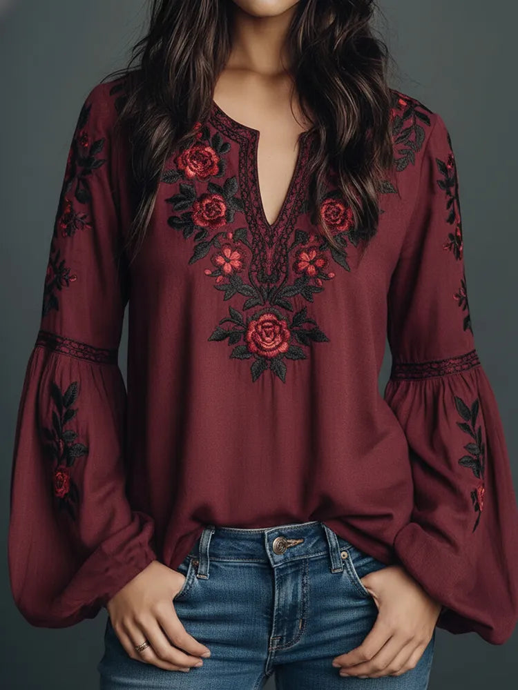TOP DE LINO CON ESTAMPADO FLORAL ARTÍSTICO y MANGA CAMPANA