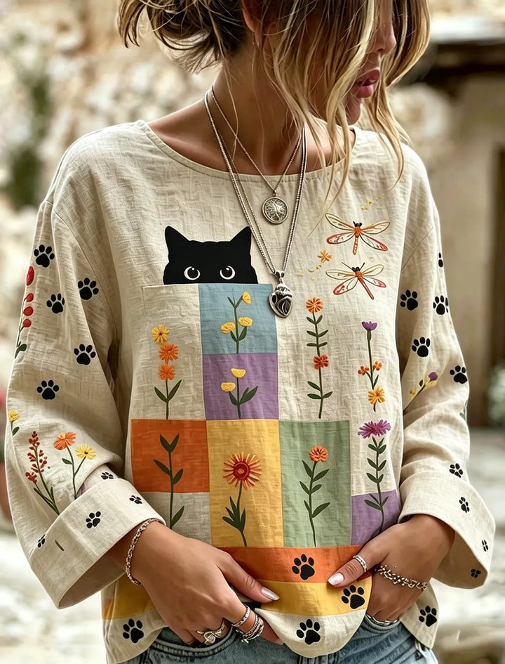Camiseta Lino Vintage Hippie Con Bordado De Gato Patchwork - Cuello Redondo Manga Larga