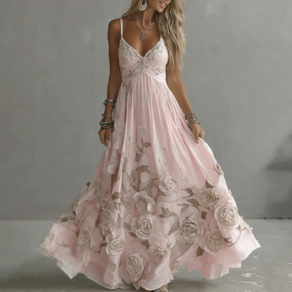 Vestido maxi con tirantes y bordado artístico de rosa vintage para mujer