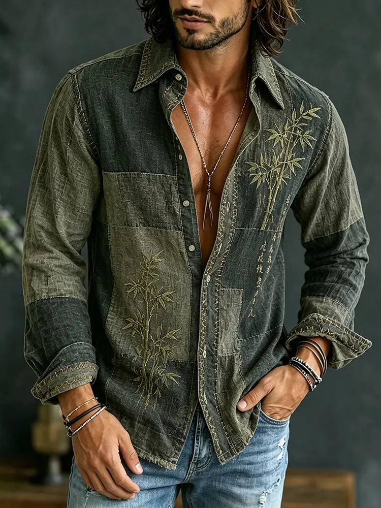 CAMISA CASUAL DE ALGODÓN y LINO DE MANGA LARGA CON BORDADO DE BAMBÚ y PATCHWORK
