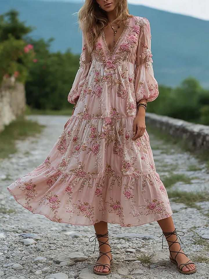 Vestido Largo De Lino Con Cuello En V Y Bordado Floral Pequeño Vintage En Rosa