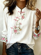 Camisa elegante con bordado floral y cuello mao - manga larga