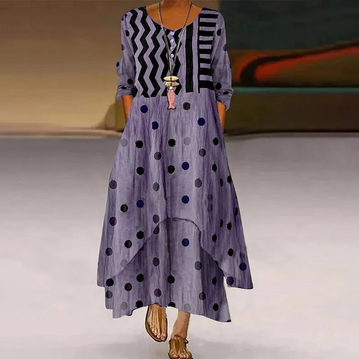 Vestido Maxi Casual de Manga Comprida com Padrão de Bolinhas