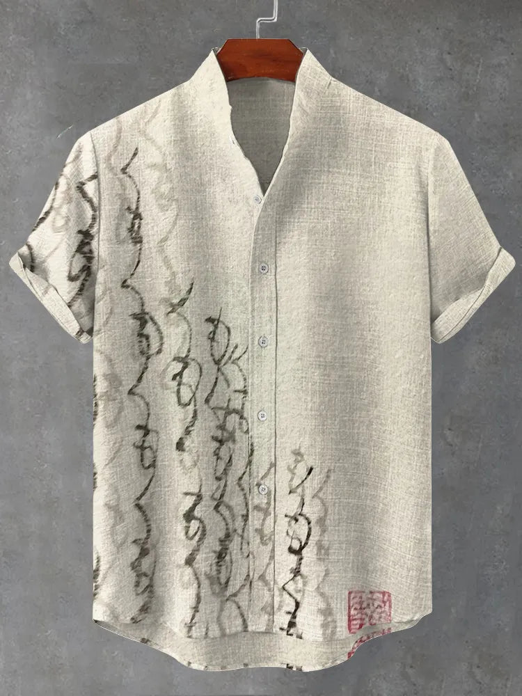 CAMISA DE LINO VINTAGE ACOGEDORA CON ARTE DE CALIGRAFÍA JAPONESA EN TINTA