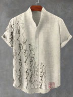 CAMISA DE LINO VINTAGE ACOGEDORA CON ARTE DE CALIGRAFÍA JAPONESA EN TINTA