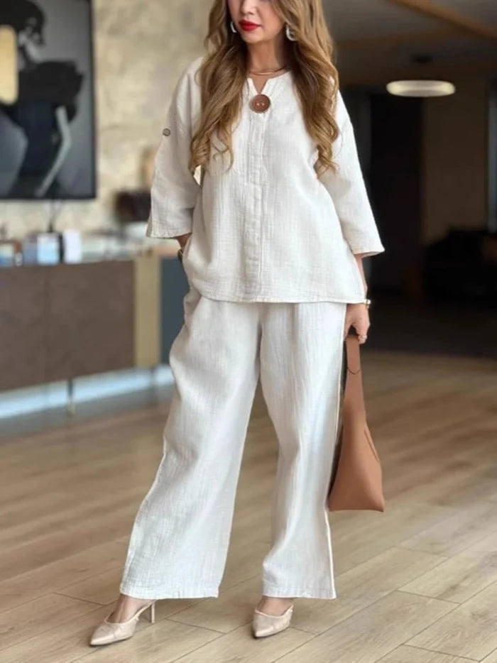 CONJUNTO TUNICA EFECTO LINO MUJER - TOP TRANSPIRABLE MANGA TRES CUARTOS Y PANTALON DE PIERNA ANCHA PARA VIAJE