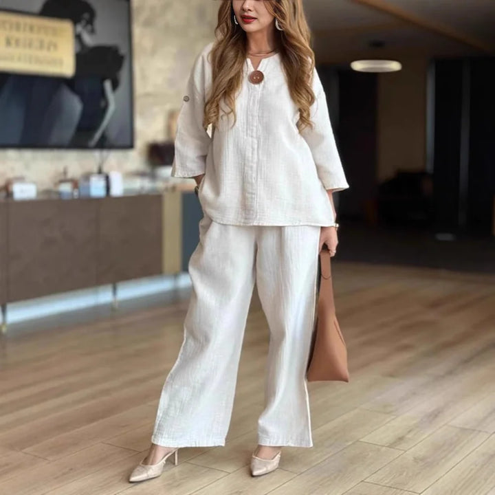 CONJUNTO TUNICA EFECTO LINO MUJER - TOP TRANSPIRABLE MANGA TRES CUARTOS Y PANTALON DE PIERNA ANCHA PARA VIAJE