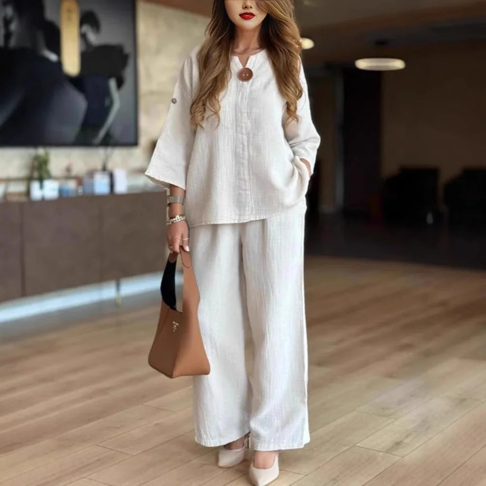 CONJUNTO TUNICA EFECTO LINO MUJER - TOP TRANSPIRABLE MANGA TRES CUARTOS Y PANTALON DE PIERNA ANCHA PARA VIAJE