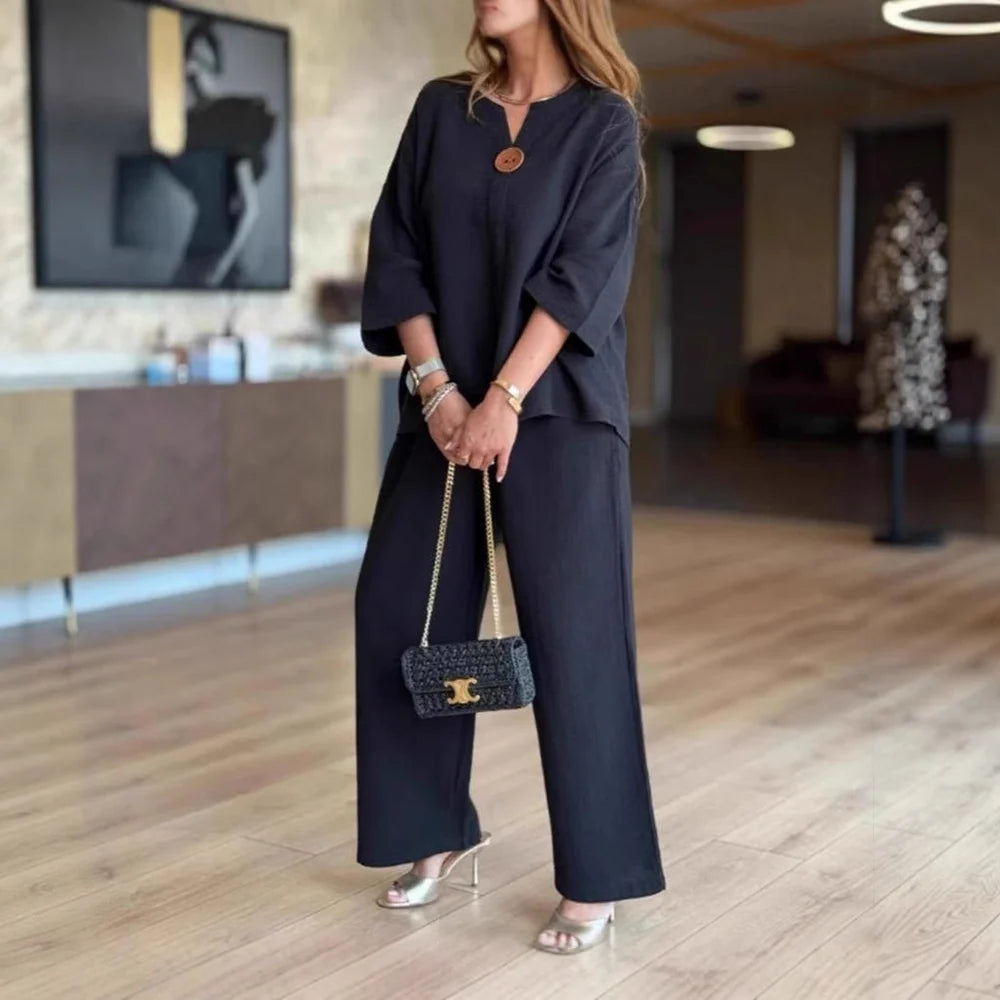 CONJUNTO TUNICA EFECTO LINO MUJER - TOP TRANSPIRABLE MANGA TRES CUARTOS Y PANTALON DE PIERNA ANCHA PARA VIAJE